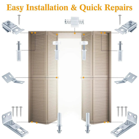 12 Pack Bifold Door Hardware Kit For Closet Doors Replacement Parts Including Track With Guide Wheel For Seven Eighths To One Inch Size Three Eighths Inch Pivot Top And Bottom Brackets For Folding Sliding Barn Doors displayed around a bifold door