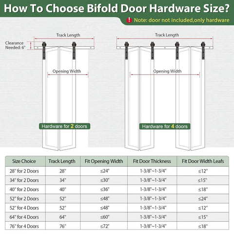 Diagram showing bifold door hardware size guide for 28 Inch Brushed Nickel Bifold Sliding Barn Door Hardware Track Kit With Side Mounted J Shape Rollers For Smooth Quiet Operation Easy Assembly Designed To Fit Double 12 Inch Bi Folding Doors Door Not Included.