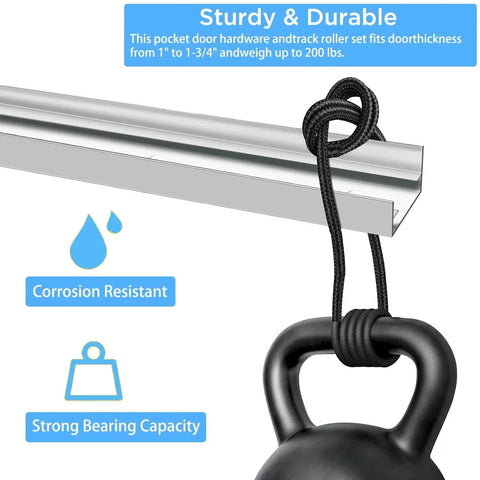 Bifold Door Hardware Kit with Track, Top & Bottom Pivot, Spring, Metal Pivot Pin and Steel Track (36 inch) showing steel track with a weight hanging.