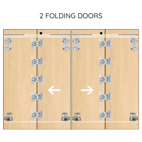 Diagram of free sliding bifold door hardware with track for 2 folding doors visible in closed position without doors.
