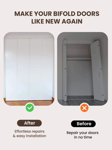Before and after installation of Bifold Door Hardware Repair Kit - 2 Pack Bi-fold Sliding Closet Door Hardware Kit for 7/8" to 1" Track.