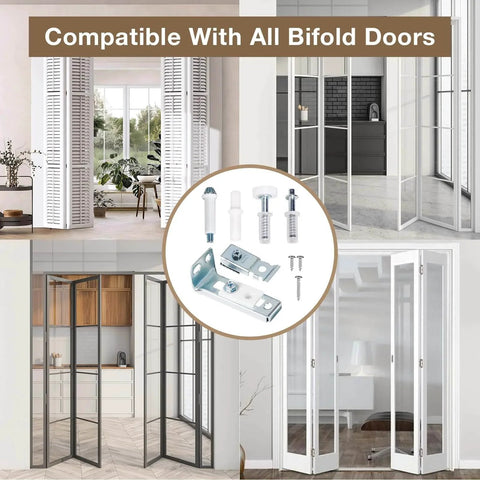 Bifold Door Hardware Repair Kit, 2-Pack Bifold Closet Door Hardware Kit shown with various door styles, includes brackets, wheels, and pins.