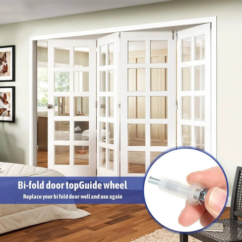 Bifold Closet Door Hardware Kit With 16 Pieces Top Roller Guide Wheels And Top Pivots shown installed on white bi-fold doors.