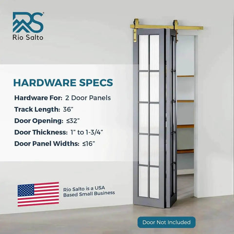 Gold Finish Bifold Sliding Barn Door Hardware Kit For Two Doors 36 Inch Track shown with specs and no door included