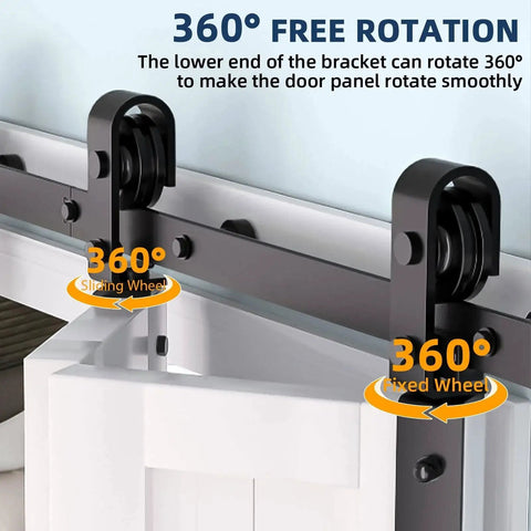 36 Inch Bifold Sliding Barn Door Hardware Track Kit showing 360-degree rotating bracket and wheels for two 16 inch doors