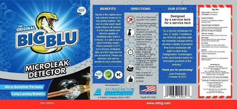 Big Blu Micro Leak Detector 1 qt packaging – blue front view with NSF logo and Refrigeration Technologies branding