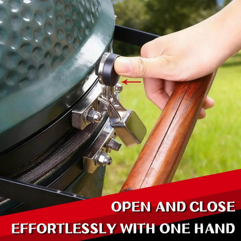 Latch Assembly for Large Green Egg Zinc Alloy Hinge Band Replacement in use, showcasing one-handed operation for grill seal