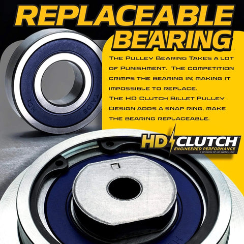 Close-up of replaceable bearing with text about 120ftlb (OEM 105) BIGBearing Clutch 04915400 5215-61 & 20A PTO Switch Ariens Gravely.