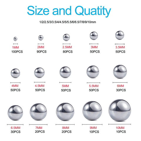 Bike Bearing Balls Kit 690 Piece Set with 15 Metric Sizes from 1mm to 10mm 304 Stainless Steel Precision Balls for Bicycle Bearings