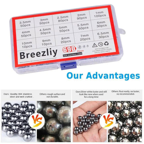 Bike Bearing Balls Kit 690 Piece Set With 15 Metric Sizes From 1mm To 10mm 304 Stainless Steel Precision Balls in labeled case