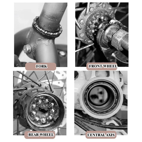 Detailed view of Five Sets Bike Bearing Kit With Fifty Bearings In Ten Sizes for fork, front wheel, rear wheel, and central axis installation.