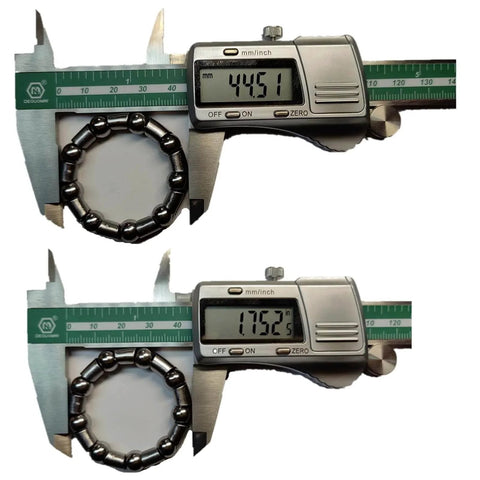 Bike Ball Bearing Retainer Set 5/16 Inch Ball Bearings with caliper measurements showing 44.51mm and 1.75 inches diameter