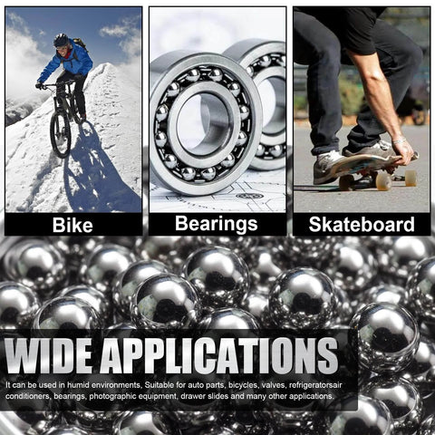 Collage of bike, bearings, skateboard showing wide applications of steel ball bearings in sports and mechanical uses.