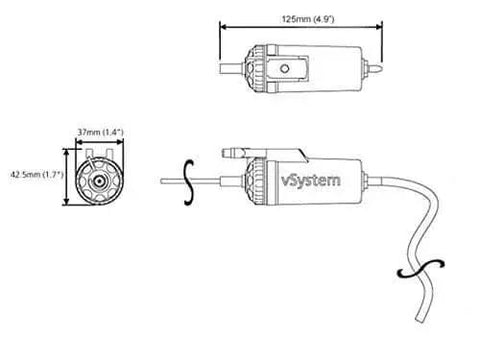 Diagram of Essentials Micro VSystem Automatic Bike Chain Lubrication System dimensions, side and front views depicted.
