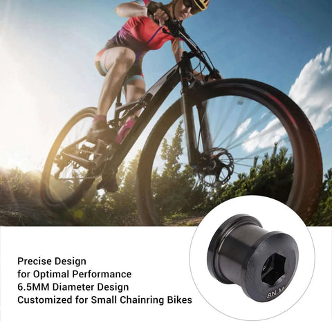 Mountain biker and Ti Alloy Chainring Bolts, 6.5mm Single Speed Bike Chain Ring Screws, Integrated Tooth Design, 5-Pack with Sticker displayed.