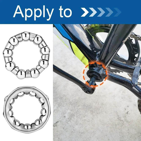 Bike Ball Crank Bearing Retainer One Quarter Inch With Nine Balls shown next to bike crank installation view