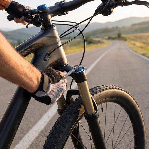Cyclist using 10 In 1 Bike Multitool Wrench For Road And Mountain Bikes On The Go on bike fork maintenance outdoors