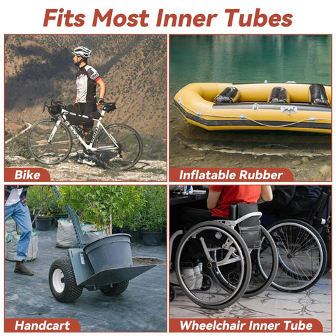 Collage showing a bicycle, inflatable boat, handcart, and wheelchair illustrating versatility of inner tube compatibility.