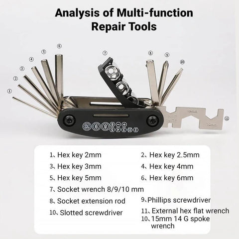 Compact 16 In 1 Bike Repair Multitool Set with folding magnetic screwdrivers, Allen wrenches, socket wrenches, in use.