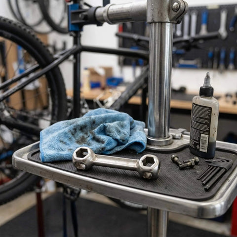 10 In 1 Bike Multitool Wrench For Road And Mountain Bikes On The Go Ultra Compact Dog Bone Hex Socket Kit on workshop stand