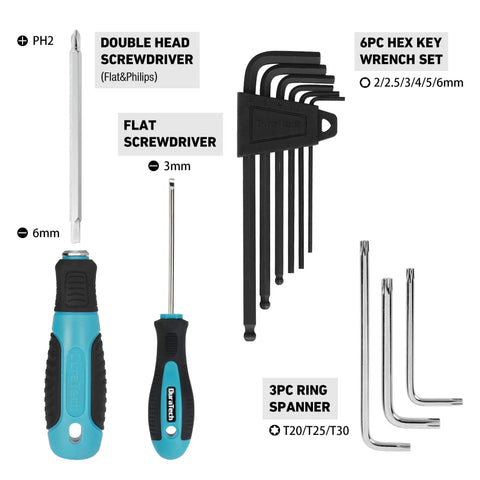 Go To 40 Piece Bike Repair Kit With Storage Case includes screwdrivers, hex key wrench set, and spanners for bike maintenance.