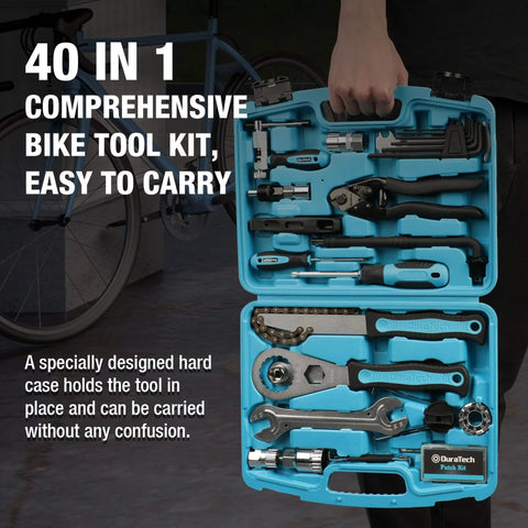 Person holding Go To 40 Piece Bike Repair Kit With Storage Case for mountain and road bikes, showing tools inside the case.