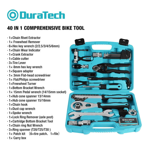Go To 40 Piece Bike Repair Kit With Storage Case For Mountain And Road Bikes Includes Chain Tool Tire Levers Brake Pedal Tools And More A Real Ride Ready Gift For Men And Women, showing tools in blue plastic case