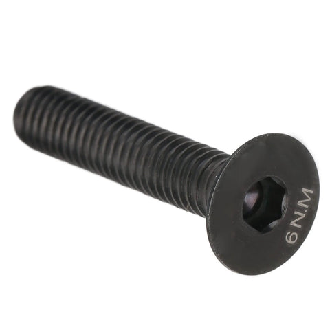 Close-up of ✝️ Bike Stem Bolt Screw, M6 x 30mm Black Titanium Alloy Flat Head Headset Cap Bolts for bike stem top cap fixing.
