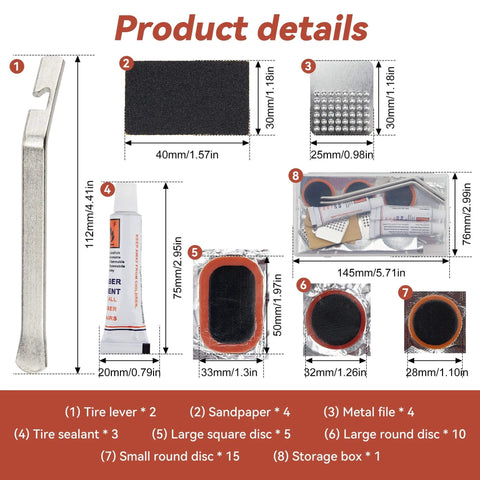 Bike Tire Repair Kit 43 Piece Patch Set With 30 Patches Quick Drying Vulcanizing Fluid Rust Resistant Steel Levers Rasp Four Files And Sandpaper Portable Patch Kit For MTB And Road Bikes To Fix Flats On The Go product details image with measurements and components listed.