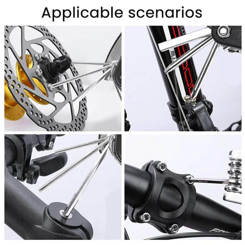 Compact 16 In 1 Bike Repair Multitool set with various tools applied for on-bike repairs, including spokes and screws.