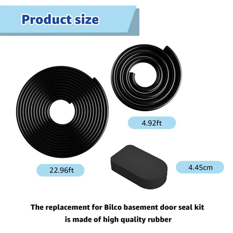 Bilco basement door seal kit: black rubber gasket coils and a cap seal pad, includes 22.96 ft and 4.92 ft lengths