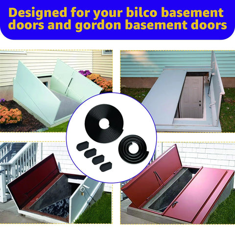 Bilco basement door weatherstrip kit components: U-shaped gasket, bulb trim gasket, cap seal pads; black seal rolls