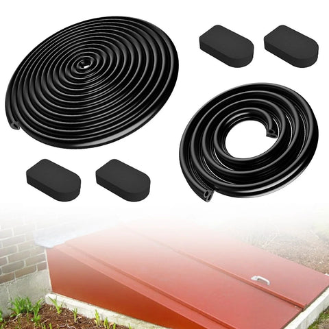 Bilco basement door weatherstrip kit with black vinyl gaskets: U-shaped gasket, bulb trim gasket, and four cap seal pads.