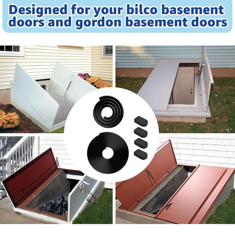 Bilco basement door weatherstrip kit with U-shaped gasket, bulb trim gasket, and four cap seal pads.