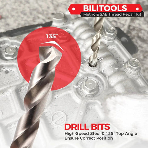 Close-up of Helicoil Thread Repair Kit 131-Piece HSS Drill Bits showing 135-degree top angle against a metal surface.