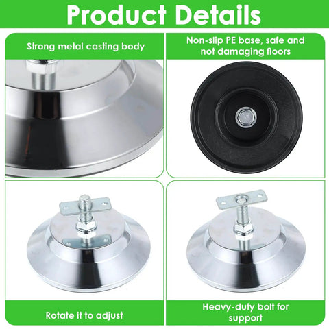 4 Pack Heavy Duty Billiard Table Leg Levelers With Adjustable 5 Inch Metal Leveling Feet Chrome Finish And PE Base For Pool Tables Soccer Tables Air Hockey Tables, showing chrome feet and PE base details.