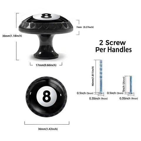 4 Pack Billiards 8 Ball Cabinet Knobs Round Drawer Pulls with size dimensions for Kitchen and Bathroom Cabinets, shown with screws.