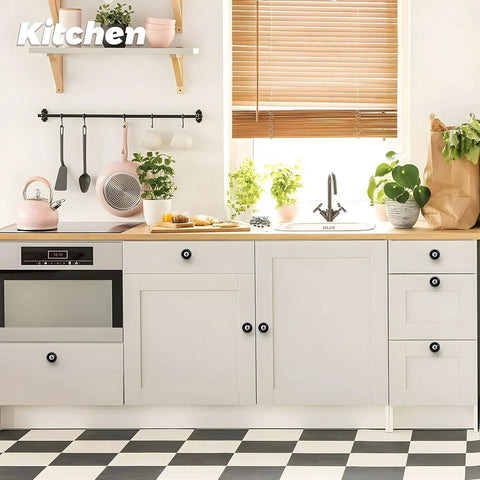 Modern kitchen with white cabinets featuring 4 Pack Billiards 8 Ball Cabinet Knobs Round Drawer Pulls For Kitchen And Bathroom Cabinets Cupboard Doors Hardware Black And White 8 Ball Knob Set For Game Room Decor And Modern Cabinet Styling.