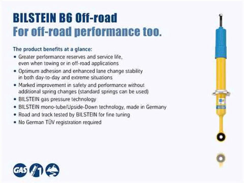 Bilstein Shock Absorber 24-238526 Yellow Finish For Jeep Off Road SUV Truck Suspension Upgrade With Lifetime Warranty Heavy Duty Damper For Smooth Ride And Responsive Handling, showing product benefits and features on a display card.