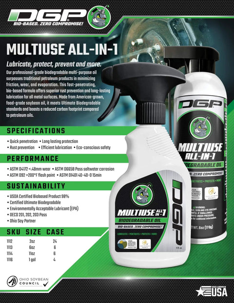 All In One Biodegradable Penetrating Oil For Doors Hinges Machines And Tools, DGP Professional Grade Lubricant 11 Oz bottle