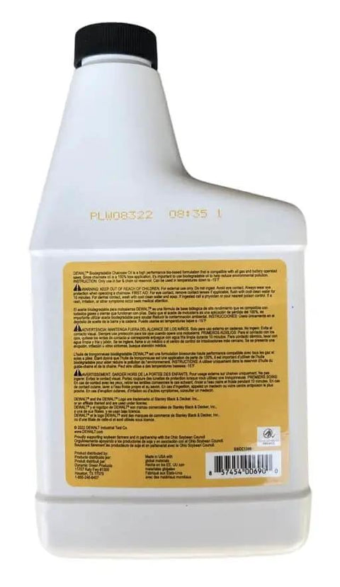 Back view of Eco Friendly Biodegradable Bar And Chain Oil For Chainsaws From DeWalt Green Non-Toxic Pro Lubricant bottle