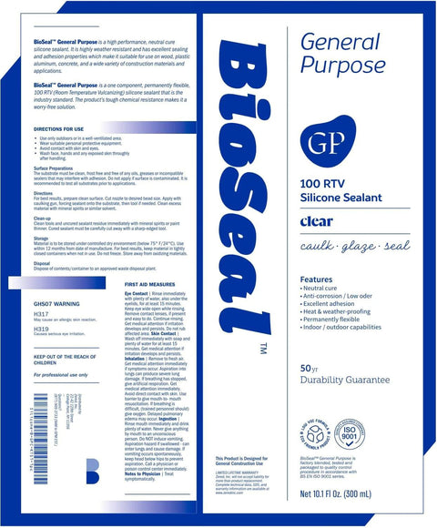 Front view of BioSeal General Purpose Silicone Sealant packaging, clear 10.1 fl oz.