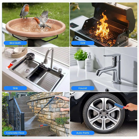 Collage of bird bath, grill, kitchen sink, faucet, concrete cleaning, and auto parts cleaned with wire brush.