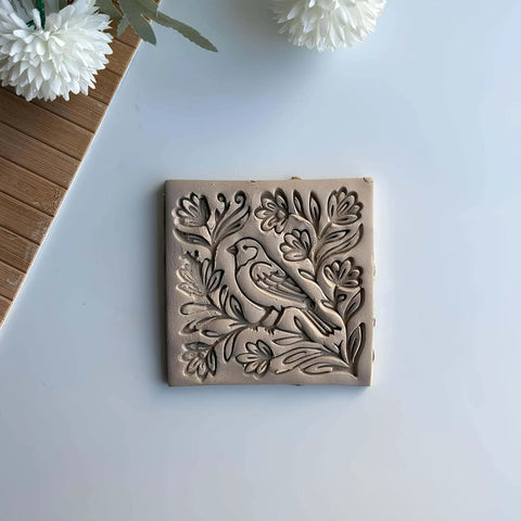 Bird And Floral Harmony Square Tile Cutter And Stamp Tool For Pottery And Ceramic Clay Art 4 Inch By Mouldix showing bird design