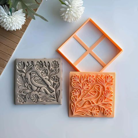Bird And Floral Harmony Square Tile Cutter And Stamp Tool For Pottery And Ceramic Clay Art 4 Inch By Mouldix Professional Grade Tool