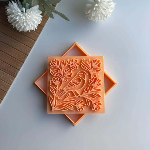 Bird And Floral Harmony Square Tile Cutter And Stamp Tool For Pottery And Ceramic Clay Art 4 Inch tool on white surface