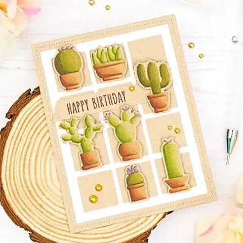 Greeting card using Dotted Square Frame Cutting Die Set For Card Making And Scrapbooking with cactus design on wood background
