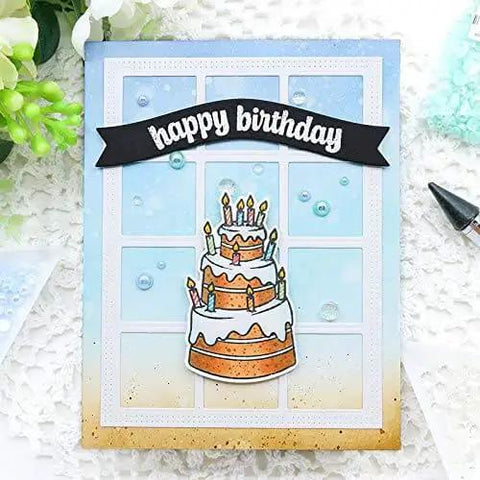 Handmade birthday card with dotted square frame cutting die set, featuring a layered cake design and 'happy birthday' banner.