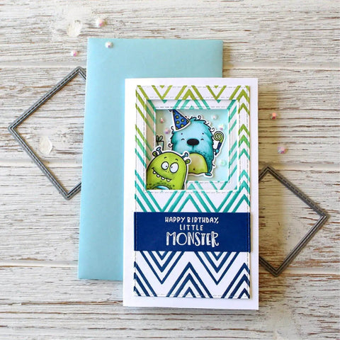 Greeting card featuring monsters with 2 Pack Mini Slim Line Stitched Scallop Square Frame Cutting Dies Carbon Steel For DIY Scrapbooking.