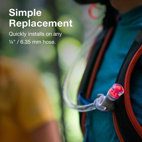 Osprey Hydraulics bite valve replacement, red mouthpiece on clear hydration tube.